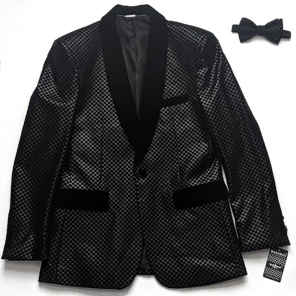 Barabas Other - Barabas Slim Fit Checkered Velour Black Blazer 42L